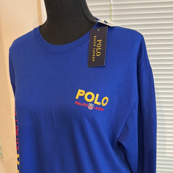 Polo Blue Logo Front & Sleeve Crew Neck Long Sleeve Cropped T-Shirt - Picture 4 of 5